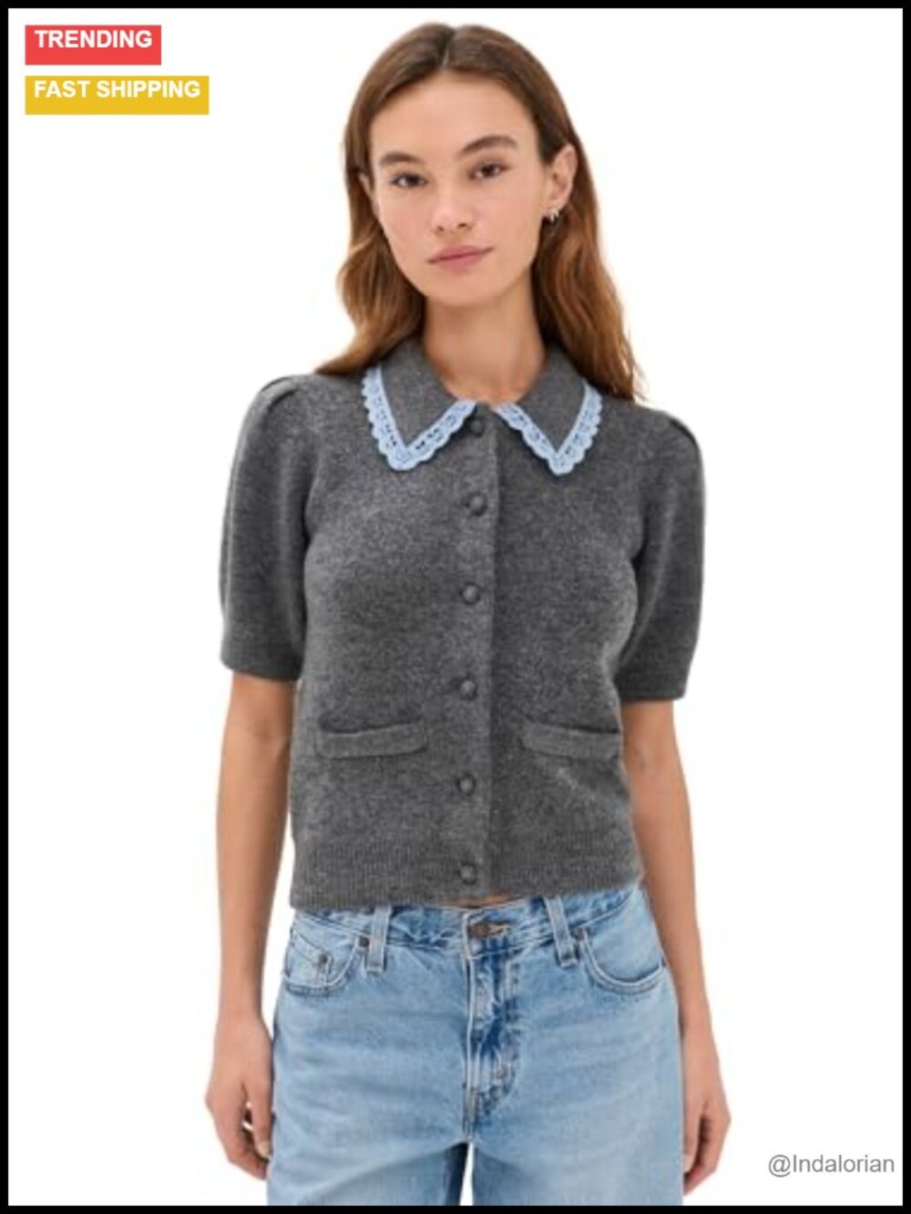 Lace Trimmed Puff Sleeve Knit Cardigan Medium Stretch